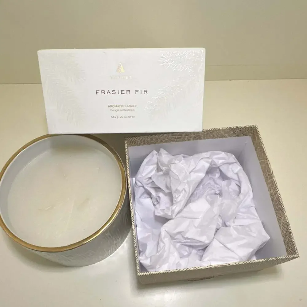 BNIB Thymes Frasier Fir Candle Large 20 oz Round White/Gold Holiday 3 Wick